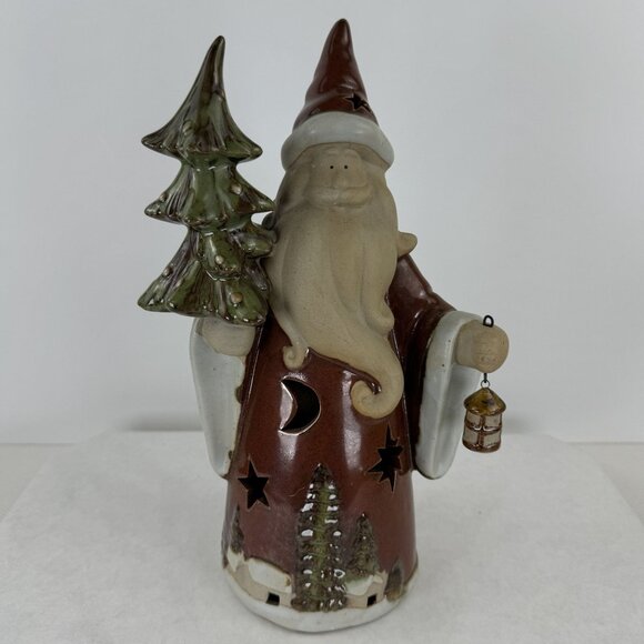 Santa Claus Stoneware Figurine Moon Star Cutouts Christmas Tree Lantern 12" - Picture 1 of 10